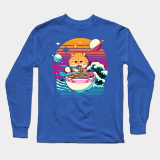 ORANGE CAT EATING SUSHI OUTERSPACE RETRO WAVE JAPANESE Long Sleeve T-Shirt